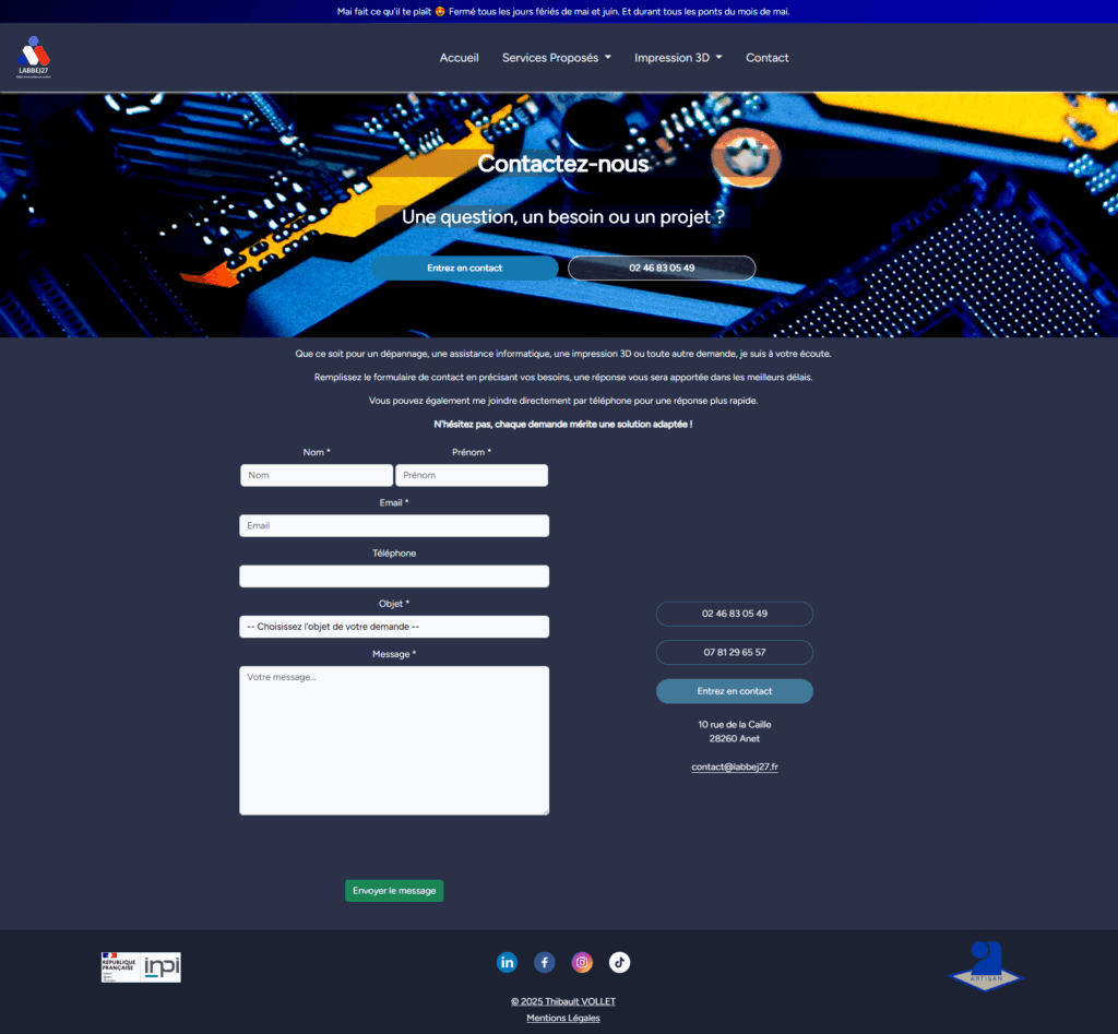 Capture d’écran du site vitrine après refonte WordPress vers Laravel avec back-office Filament. Formulaire de contact du site labbej27 version grand écran