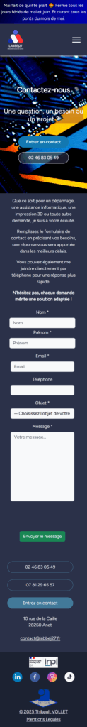 Capture d’écran du site vitrine après refonte WordPress vers Laravel avec back-office Filament. Formulaire de contact du site labbej27 version mobile